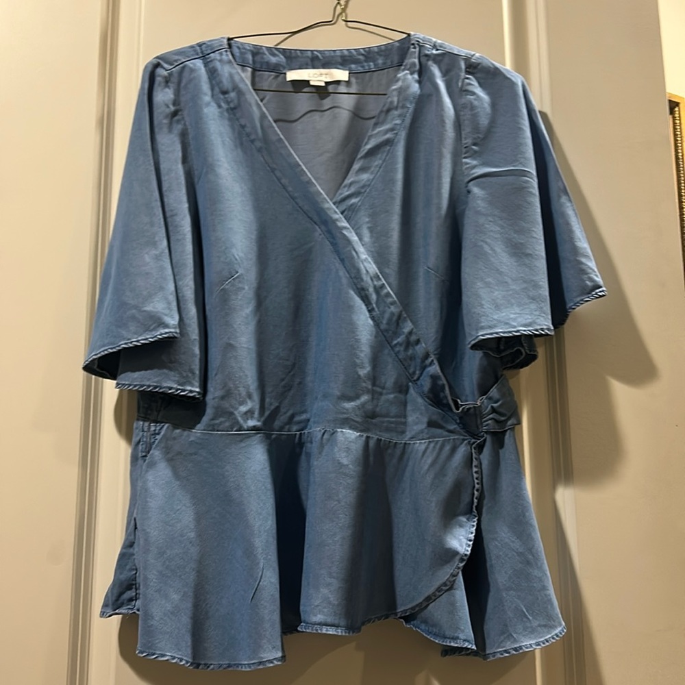Loft denim chambray sewn wrap Top wide trumpet short sleeves ruffle hem size M